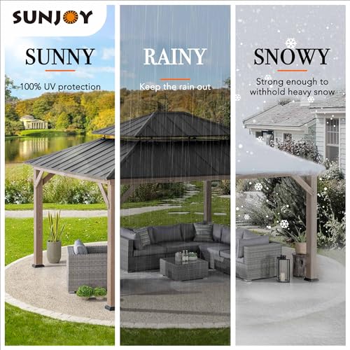 Sunjoy 13 x 15 ft. Wood Gazebo, Outdoor Patio Steel Hardtop Gazebo, Cedar Framed Wooden Gazebo with 2-Tier Metal Roof, Suitable for Patios, Lawn and Backyard, Dark Brown Roof + Dark Wood Frame Sunjoy