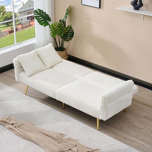 Japovker 79'' White Futon Sofa Bed, Corduroy Upholstered Folding Loveseat Couch with Adjustable Backrest and Armrests,Sleeper Sofa with Gold Metal Legs for Small Space Living Room (White) Japovker