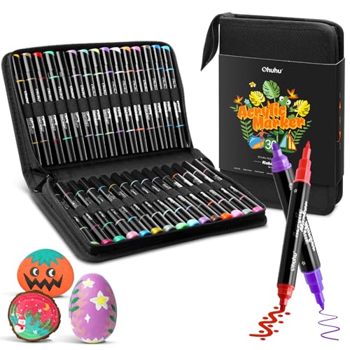 Ohuhu 30 Colors Acrylic Paint Pens : Dual Tips (Round & Fine) Acrylic Markers High Opacity Paint Markers Waterproof Lightfast for Rock Painting Easter Eggs Wood Glass Ceramic Canvas Ohuhu