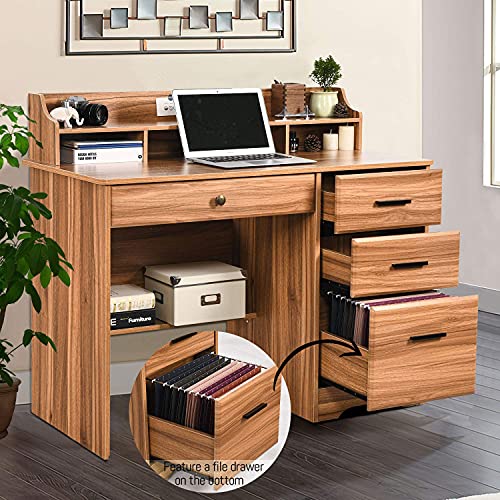 Catrimown Computer Desk with Drawers and Hutch, 44” Rustic Oak Wood Desk with 4 Drawers for Home Office Secretary Writing Table, Small Desk with File Drawer for Small Places, Rustic Oak Catrimown
