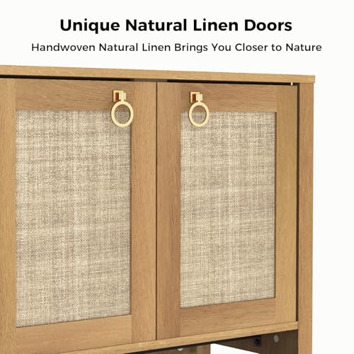LubanNese 55" Rattan Sofa Console Table, Boho Wood Entryway Storage Cabinet with 4 Doors & Adjustable Shelf, Multifunctional Coffee Bar Sideboard Buffet for Kitchen, Dining Room, Living Room LubanNese