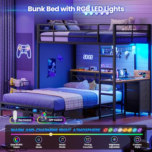 DICTAC Twin Over Full Bunk Bed with Desk,Led Lights and 4 Drawers,Metal Bunk Beds with Storage Headboard and Charging Station,L-Shaped bunk Bed for Kids/Teen with Safety Guardrail and Ladder,Black DICTAC