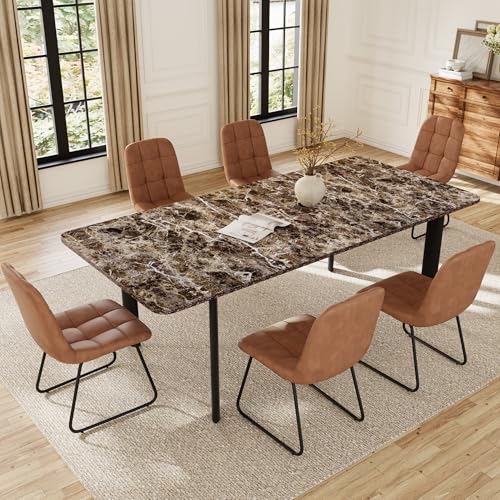 HIPIHOM Extendable Dining Table Set for 6-8 People, 63 to 78.7 Inch MDF Kitchen Table with 6 Upholstered Chairs, Space-Saving for Dining Room, Breakfast Nook (Brown Table & 6 Brown U-Shaped Chairs) HIPIHOM