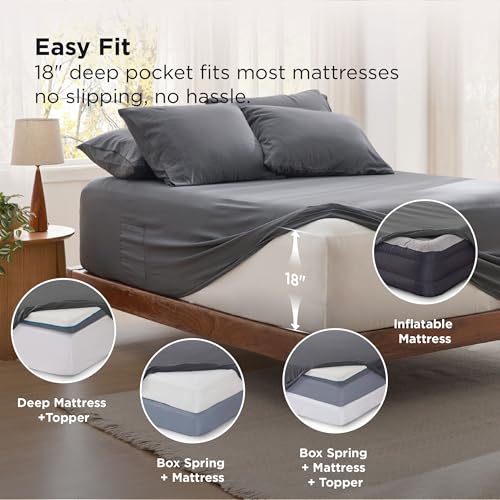 Bedsure Deep Pocket Queen Sheets - 6 Piece, Prewashed Ultra-Soft Queen Sheet Set, Fits Mattresses Up to 18 Inches Thick, Breathable & Secure Fit, Hotel Luxury Bedding, Grey Bedsure