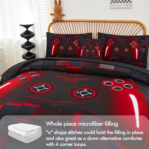PERFEMET 6-Piece Boys Comforter Set Full Size Game Console Bedding Set for Kids Teen 3D Black and Red Gamepad Gaming Bed in a Bag Matching Sheet Set(Red, Full) PERFEMET