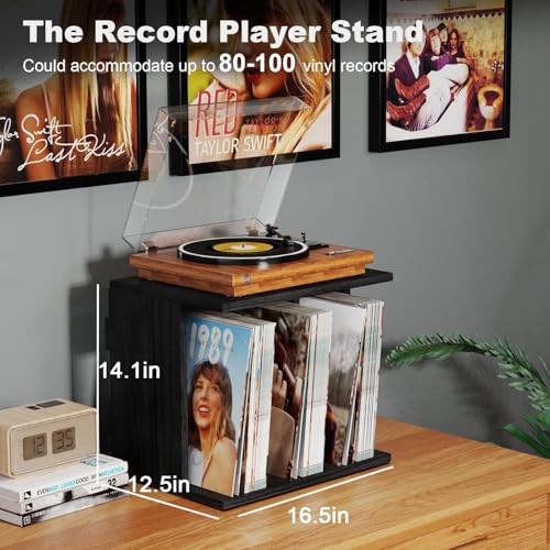 Emfogo Vinyl Record Storage, Record Player Stand Wall Mount Up to 80-100 Albums, 3-Compartment Vinyl Record Holder, Black Emfogo