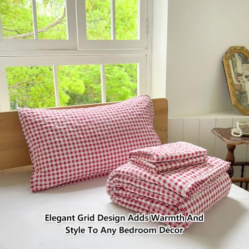 NSNLGSGC Red Gingham Twin Quilt Set, Soft Pre-Washed Microfiber Red Plaid Twin Bedspread, Lightweight Checked Summer Quilt, Grid Bedding Coverlets for All Seasons (Includes 1 Quilt, 1 Pillow Sham) NSNLGSGC