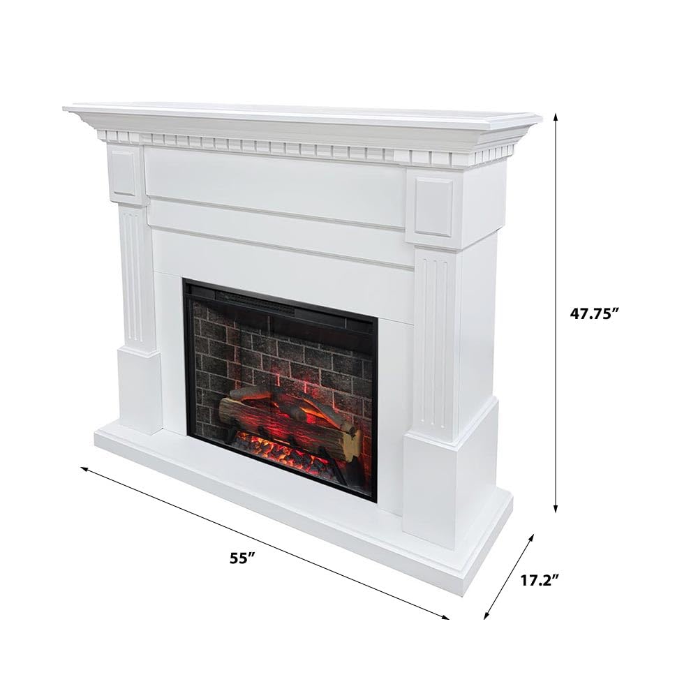 Modern Ember Augustine White Mantel Package 55" W x 48" H with 28 Inch Electric Fireplace Insert - 1,000 Sq Ft Heater 4 Flame Colors, Ember Bed Included | Compatible with Alexa and Google Assistant Modern Ember