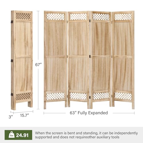 Privacy Screen Room Divider Panel - 67 Inch Tall Natural Wood Folding Partition Room Dividers, No-Assembly Required, Enhance Privacy and Aesthetic Appeal, Ideal for Home or Office Natural 4 Paned Svimi