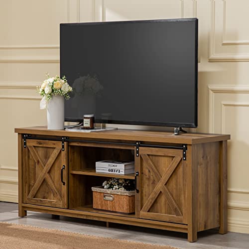 GAZHOME Modern Farmhouse TV Stand with Sliding Barn Doors, Media Entertainment Center Console Table for TVs up to 65”,2-Tier Large Storage Cabinets,Rustic TV Stand for Living Room Bedroom,Brown GAZHOME