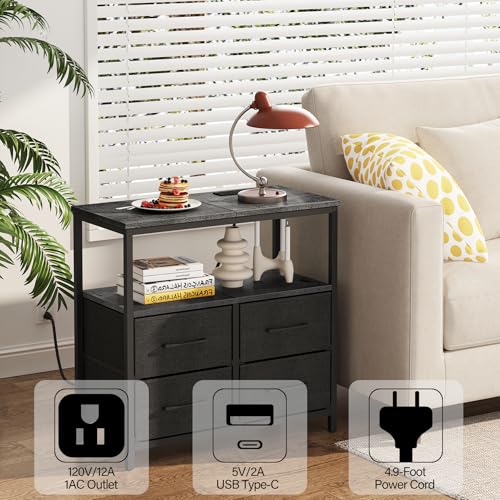 TUTOTAK Large Night Stand with Charging Station, Nightstand with USB and Type-C Port, Bedside Table with Cloth Drawers, End Table for Livingroom, Bedroom, Charcoal Grey TB01BY081 TUTOTAK
