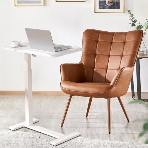 yaaqoo Adjustable Overbed Bedside Table with Hidden Wheels, Pneumatic Tilt Board Rolling Laptop Standing Desk Cart, Mobile Over Bed Sofa Chair Side End Tables, Walnut (White) yaaqoo