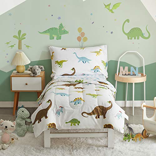 4 Pieces Toddler Bedding Set Dinosaur with Colorful Dinos and Monsters Toddler Comforter Sheet Set for Autumu and Winter Includes Comforter, Flat Sheet, Fitted Sheet and Pillowcase White UOZZI BEDDING