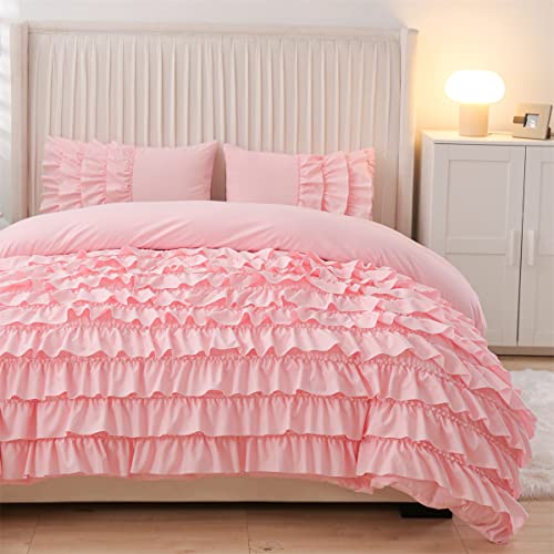 Holawakaka Pink Waterfall Ruffle Comforter Set Twin Size Multi-Layers Ruffled Shabby Chic 3PCS Bedding Set for Girls Women Holawakaka