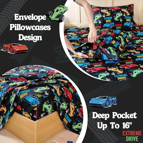 MCO Kids Full Size Bed Sheets, Soft Microfiber Full Size Sheets for Boy Girls, 4 Pieces Breathable Full Bed Sheet Race car Black MCO