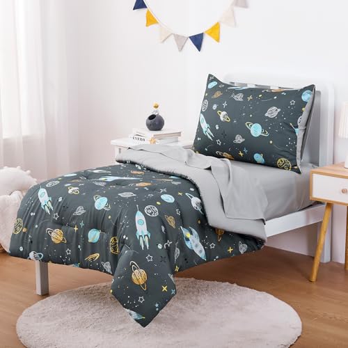Wake In Cloud - Toddler Bedding Set for Boys, Space Rocket Planet Star, 4 Pieces Soft Crib Bed Set Including Comforter, Sheets and Pillowcase, Gray Wake In Cloud