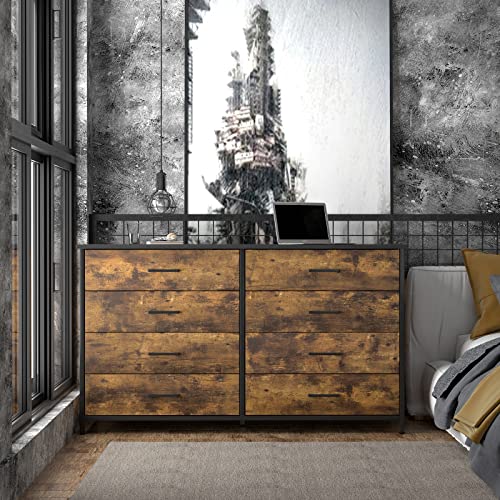 IKENO 8 Drawer Dresser, Industrial Wood Storage Dressers & Chests of Drawers with Sturdy Steel Frame, Storage Dresser for Bedroom Wood (Rustic Brown) IKENO