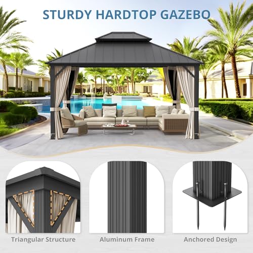 LUE BONA 12x14 Hardtop Gazebo, Galvanized Steel Double Roof Permanent Gazebo Pavilion with Aluminum Frame, Outdoor Metal Gazebo Canopy with Nettings and Curtains for Deck, Patio, Backyard LUE BONA