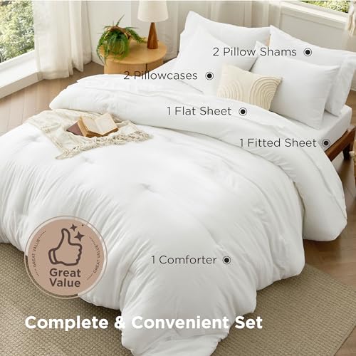 Bedsure California King Size Comforter Set, White Soft Prewashed Bedding for All Seasons, 7 Pieces Warm Winter Down Alternative Bed Set, Fluffy Bed in a Bag with Sheets, Pillowcases & Shams Bedsure