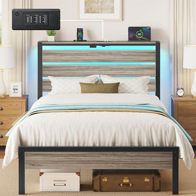 Rolanstar Bed Frame Twin Size with USB Charging Station, LED Bed Frame with Wood Storage Headboard, Light Grey Metal Platform Bed with Under Bed Storage, No Box Spring Needed, Noise Free