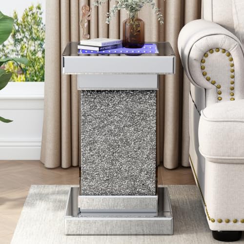 JIJIWANG Silver Mirrored End Table with LED Lights,Square Side Table with Crushed Diamond, Modern Gorgeous Bedside Table Nightstand for Bedroom Living Room Office JIJIWANG
