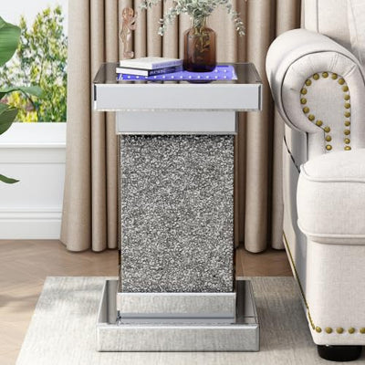 JIJIWANG Silver Mirrored End Table with LED Lights,Square Side Table with Crushed Diamond, Modern Gorgeous Bedside Table Nightstand for Bedroom Living Room Office