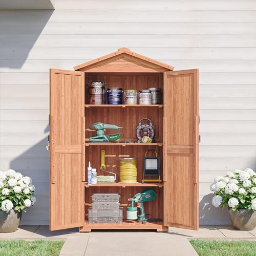 BELLEZE Outdoor Storage Shed with 4 Removeable Shelves, Wooden Garden Shed Lockable Tool Cabinet with Waterproof Roof, Outside Tall Tool Shed for Patio Backyard Lawn Yard - Wood BELLEZE