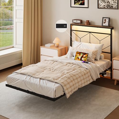 HAUSOURCE Twin Size Floating Bed Frame with Storage Headboard Metal Platform Bed Frame with LED Lights and Charging Station Easy Assembly No Box Spring Needed HAUSOURCE