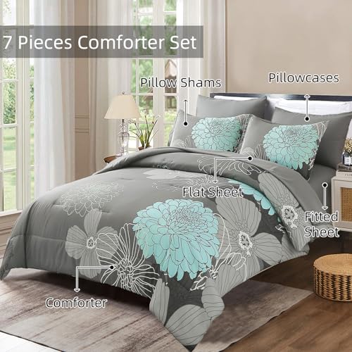 Yiran California King Comforter Set Grey Floral Comforter for All Season Cal King Soft Microfiber Bedding Set,7 Pieces,104"x96" Yiran