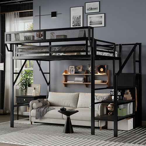 Duxelifin Twin Size Loft Bed with Staircase, Metal Loft Beds with Storage Shelves & Wardrobe, High Lofted Bed Frame, Loft Twin Bed for Boys Girls and Teens, No Box Spring Needed (Black) Duxelifin