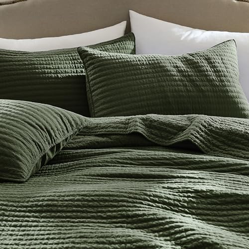 WDCOZY 100% Cotton King Size Quilt Set - Olive Green Striped Pick Stitch Soft Lightweight Bedspread, Textured Like Linen, Farmhouse Country Rustic Coverlet, Shabby Chic Gauze Bedding, 3 Pieces WDCOZY