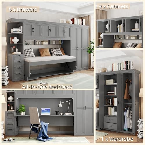 Merax Twin Size Murphy Bed with Desk, Multifunctional Wood Foldable Wall Bed with Wardrobe, Drawers and Cabinet, Space-Saving Hidden Bed for Guest Room Office, No Box Spring Needed, Grey Merax