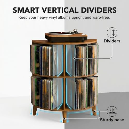 YKLYTBD Record Player Stand with Vinyl Storage, Corner Turntable Stand Holds Up to 110 Albums, 2-Tier Mid-Century Modern Media Console & End Table for Small Spaces YKLYTBD