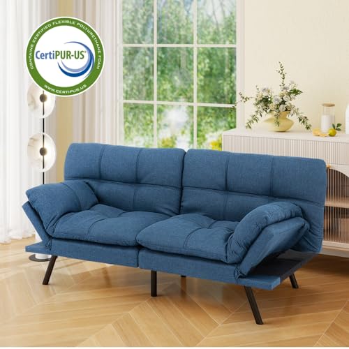 Vipbear 71" Futon Sofa Bed - Convertible Sofa Beds/Adjustable Backrest & Armrest, Comfy Loveseat Sleeper for Small Spaces, Apartments & Offices,Linen Fabric Blue Futons Vipbear