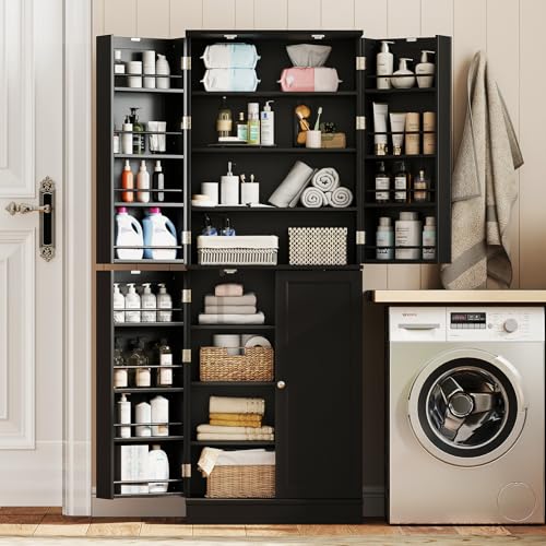Giantex Kitchen Pantry Cabinet, 65.5" Tall Kitchen Hutch w/8-Tier Storage Cabinet, 16-Tier Door Shelves & Adjustable Shelves, 4-Door Freestanding Buffet Sideboard for Dining Room, Living Room (Black) Giantex
