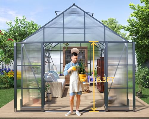 AMERLIFE 10x16x10 FT Polycarbonate Greenhouse Double Swing Doors 4 Vents 6.3FT Added Wall Height, Walk-in Large Aluminum Greenhouse Sunroom Winter Greenhouse for Outdoors, Black AMERLIFE