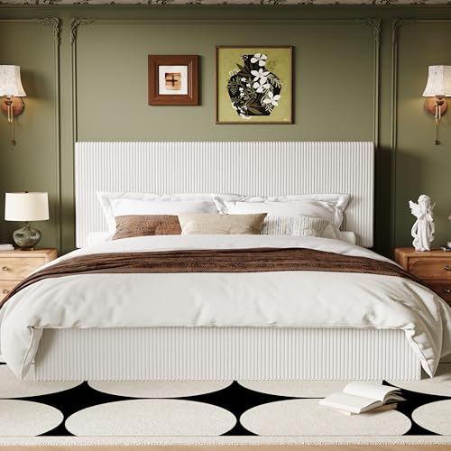 Allewie King Bed Frame, Upholstered Platform Bed, Adjustable Vertical Channel Tufted Headboard, Corduroy Fabric, Modern Low Profile, Wooden Slats, No Box Spring Needed, Easy Assembly, White Allewie