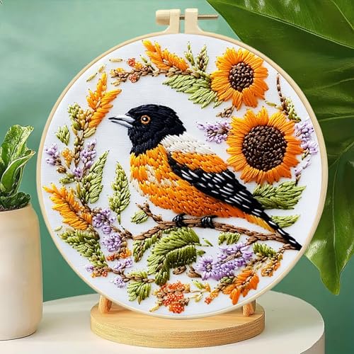 FRANDEK DIY Bird Embroidery Kit for Beginner, Stamped Handicraft Needlework Set, Full Thread Palette with Needles & Fabric for Adults, Artisan Handmade Home Decor Gift