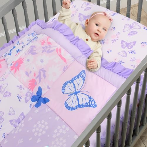 Cloele Crib Bedding Set for Girls, 3 Pieces Floral Butterfly Baby Bedding Set -Includes Comforter Fitted Sheet Crib Skirt,Standard Size Nursery Baby Crib Set for Girls,Purple Cloele
