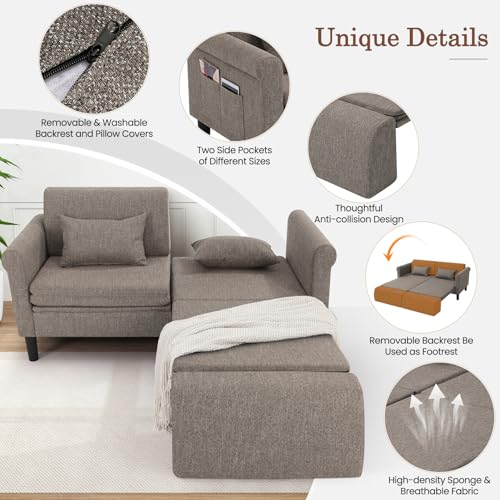 SEJOV 74" Convertible Sofa Bed, 5-in-1 Loveseat Sleeper Sofas with Pull Out Couch Bed, Storage Pockets & 2 Pillows, Modern Folding Linen Futon Couch for Living Room, Bedroom, Small Space, Brown SEJOV