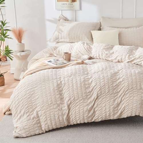 HYMOKEGE Beige Full Size Comforter Sets Seersucker 7 Pieces, All Season Luxury Bed in a Bag for Bedroom, Bedding Set with Comforters, Sheets, Pillowcases & Shams HYMOKEGE