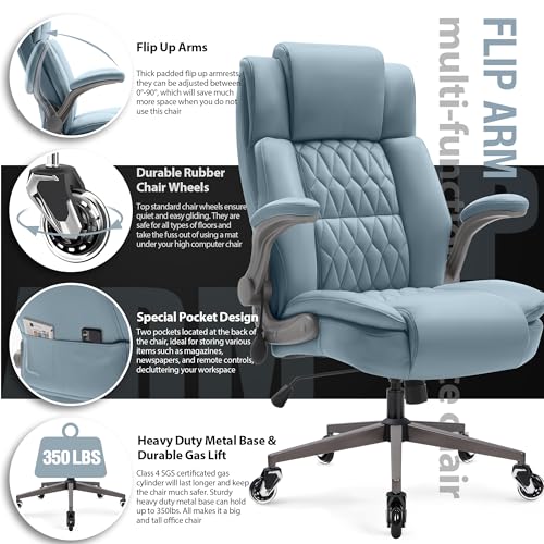 Large High Back Office Chair - Adjustable Lumbar Support Flip Up Arms Heavy Duty Quiet Wheels Metal Base Breathable Bonded Leather Ergonomic Executive Computer Desk Chair with Storage Bags, Blue HAMAOKA