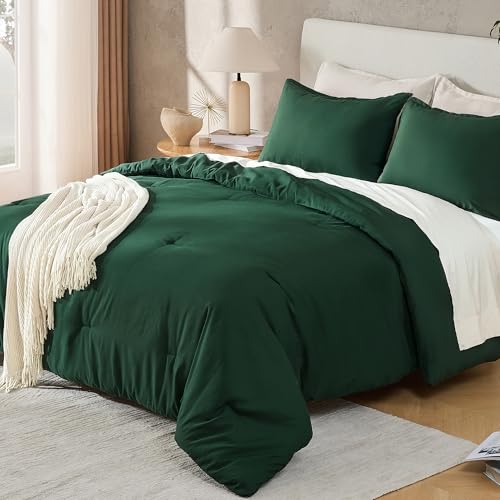 Andency Dark Emerald Green King Size Comforter Set, 3 Pieces Forest Hunter Green Boho Solid Bedding Comforters & Sets, Soft Lightweight Microfiber All Season Reversible Bed Set for Men Women