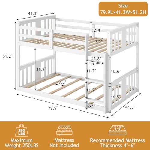 Zevemomo Wooden Low Bunk Bed Twin Over Twin, Solid Pine Bed Frame with Built-in Ladder, Convertible Bed Frame That Separates into 2 Twin Beds, Floor Bunk Bed for Small Spaces, Bedroom, White Zevemomo