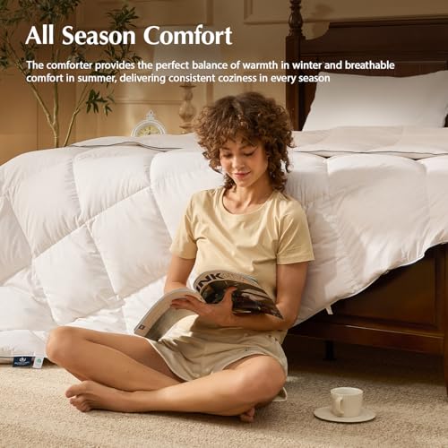 Pacific Coast Goose Feather Down Comforters Twin Size, 100% Cotton Extra Fluffy White Duvet Insert, Soft, Breathable, All Season Hotel Luxury Bedding Comforters, 8 Corner & Center Loops (68"x90") Pacific Coast