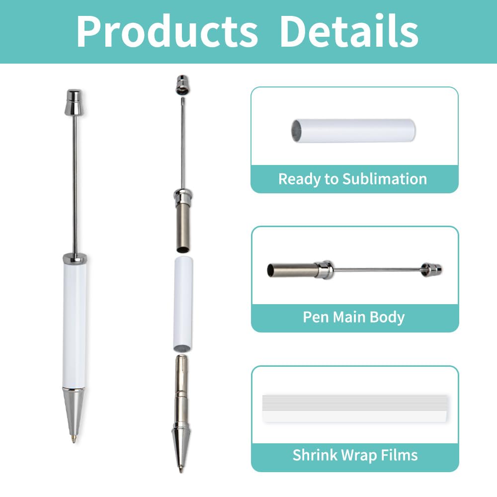 PYD Life 20 Pack Sublimation Beadable Pens Blanks Bulk White with 25 Pieces Shrink Wrap Films,Sublimation Ballpoint Pen Personalized DIY by Pen Heat Press Sublimation Oven PYD Life