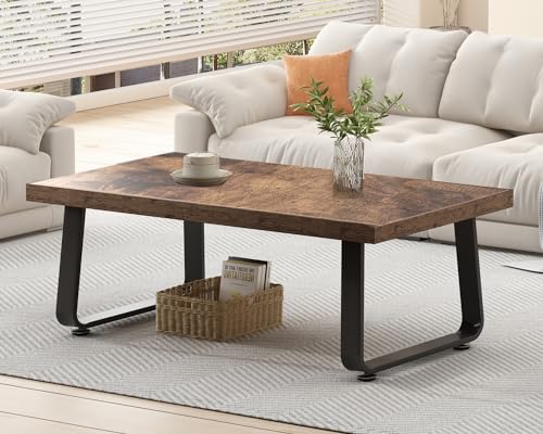 HSH Wooden Coffee Table, Industrial Rectangle Center Table, Modern Minimalist Coffee Table for Living Room, Farmhouse Wood and Metal Cocktail Tea Table for Bedroom Home Office, Rustic Brown, 47 in HSH