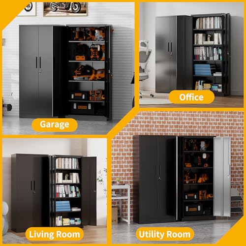 Reegangfa Metal Storage Cabinet with 2 Doors and 4 Adjustable Shelves, 71" Garage Storage Cabinet with Anti-Tipping Design, Lockable Garage Cabinets for Office, Home, Garage, Gym, School Reegangfa