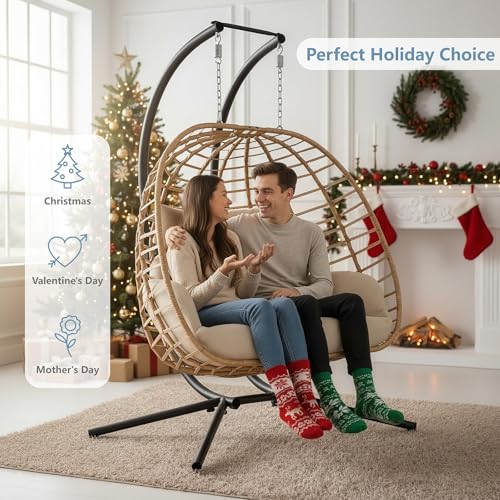 SWITTE Double Hanging Egg Chair with Stand, Outdoor Patio 2 Person Wicker Hammock Swing Chairs with Cushion Loveseat for Indoor Bedroom, Lawn, Garden-Beige SWITTE