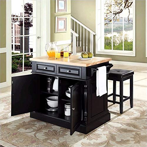 Pemberly Row Wood Butcher Block Top Kitchen Island with Square Stools in Black Pemberly Row